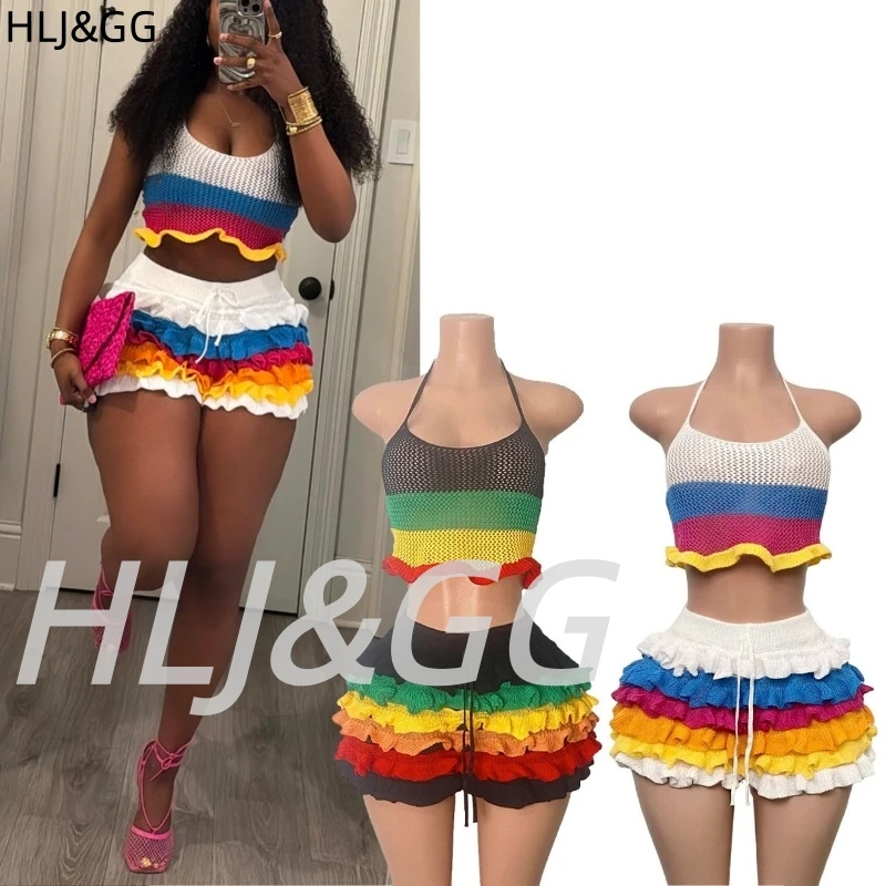 HLJ&GG Spring New Striped Rainbow Knit Two Piece Sets Women Spaghetti Strap Crop Top + Ruffle Shorts Outfits Fashion Streetwear
