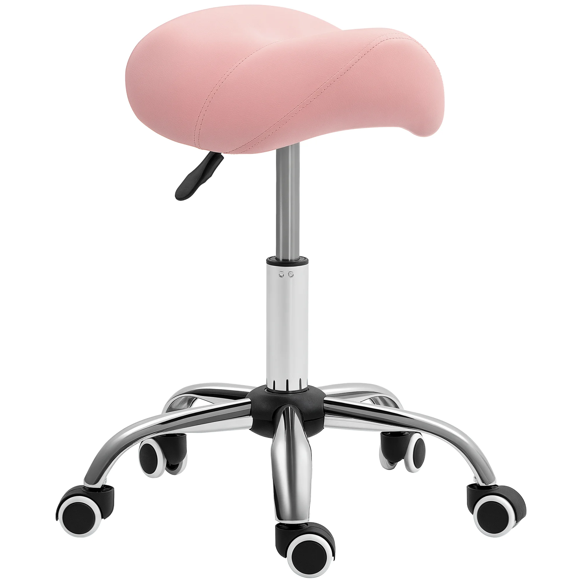 HOMCOM Taburete con Ruedas Taburete Giratoria con Altura Ajustable Taburete Cosmética Dentista Peluqueria 52x53x49-61 cm Rosa