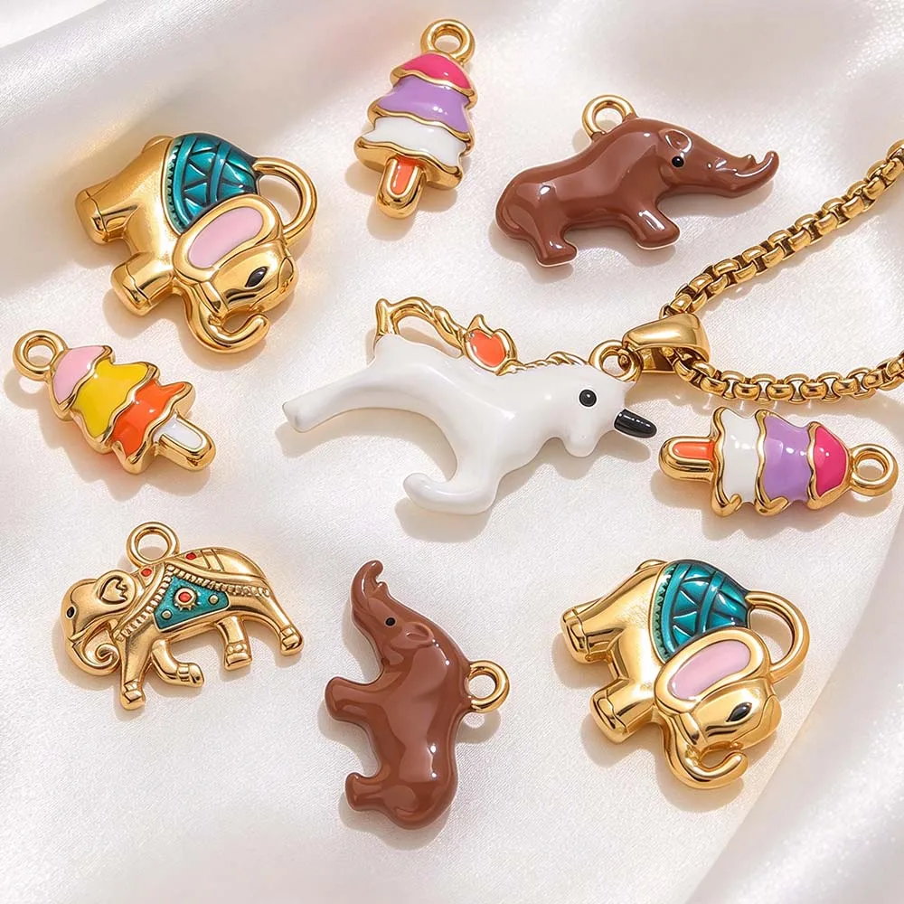 2pcs 18K PVD Stainless Steel Elephant Tree Rhino Enamel Pendant Animals Accessories Charm DIY Necklace Bracelet Jewelry Supplie