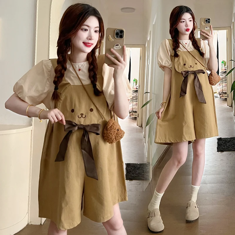 Korean Version Loose Cartoon Bow Strap Pants Two Piece Set Maternity Clothes Set Pregnant Women's Summer Overalls Suit Fashion
