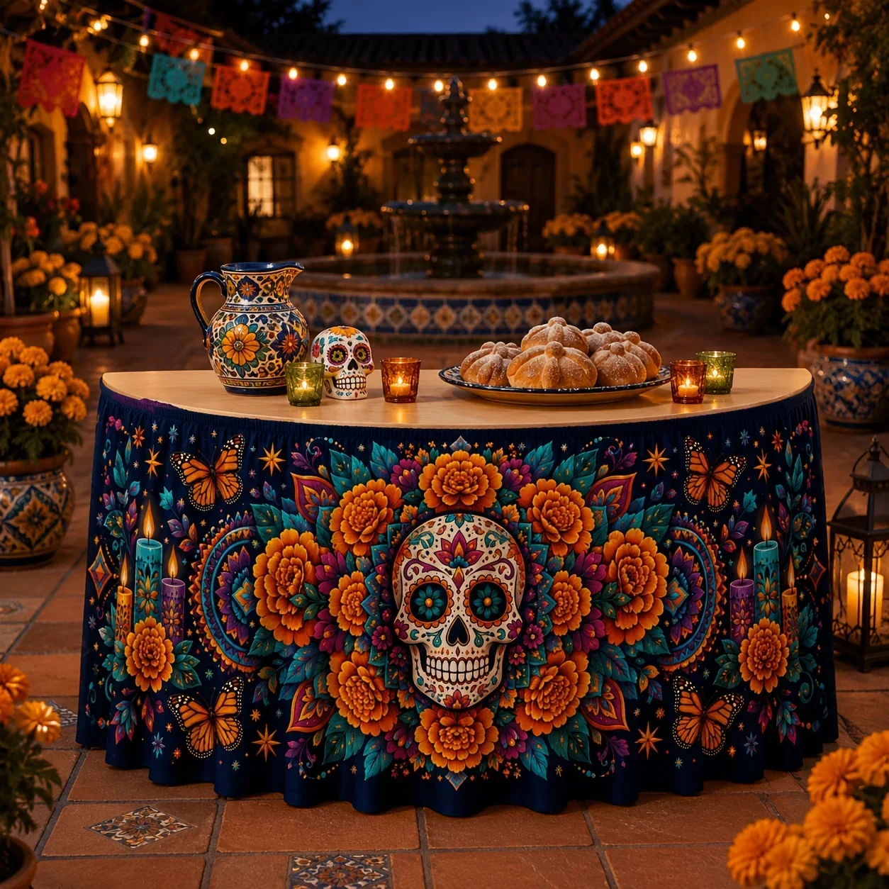 One table skirt, polyester floral sugar skull print decoration, suitable for Mexican festivalsxzj