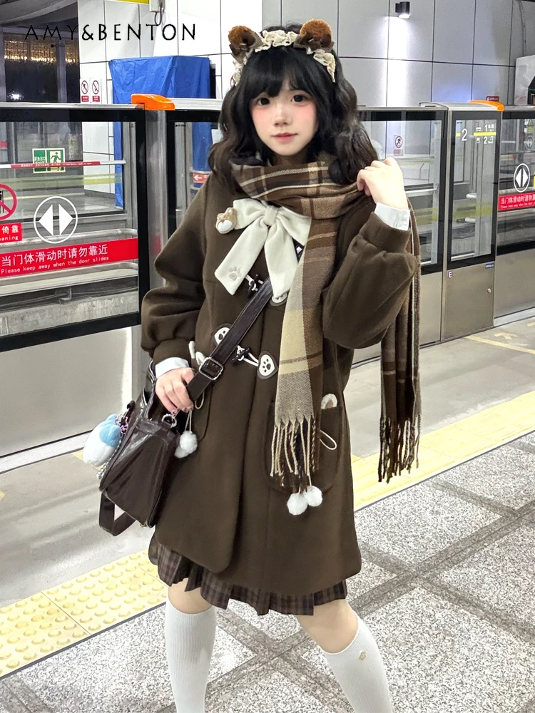 

Original Japanese JK Uniform Wool Coat Women College Style Cute Doll Collar Cartoon Bow Lantern Sleeve Loose Horn Button Coat