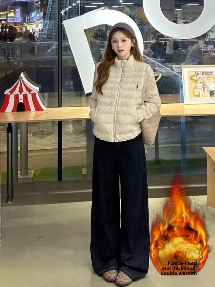 

plus Size Fleece Lined Thick Denim Pants Women High Waist Wide Leg Floor Length Casual Straight Cut Trousers Autumn Winter