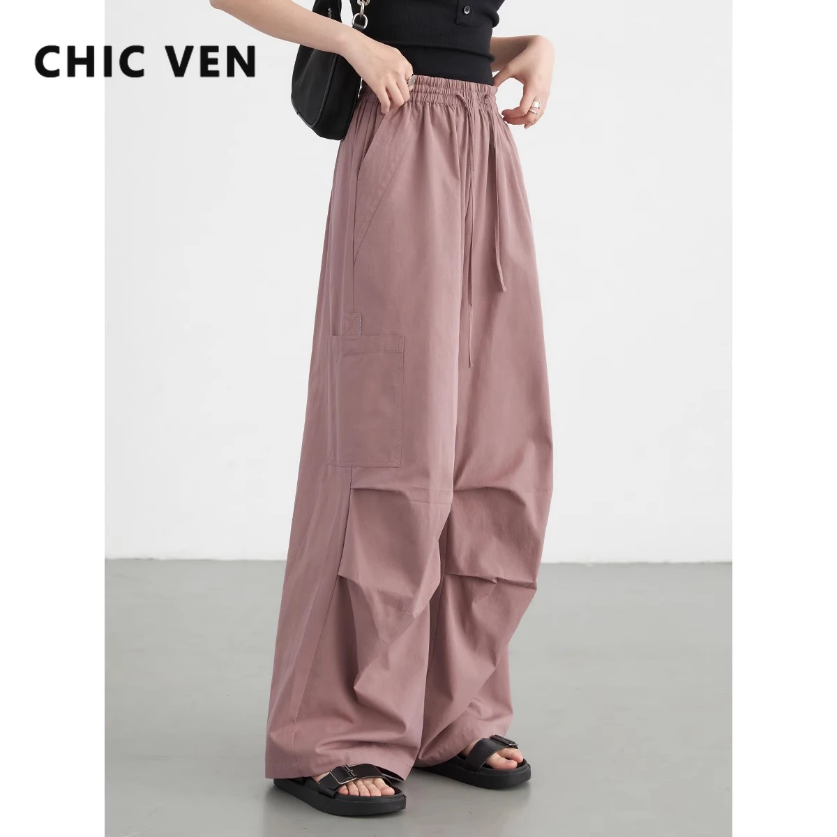 

CHIC VEN Women Pants Loose Casual New Elastic High Waist Lace Fold Female Trousers Outdoor Wide Leg Pant Summer 2024