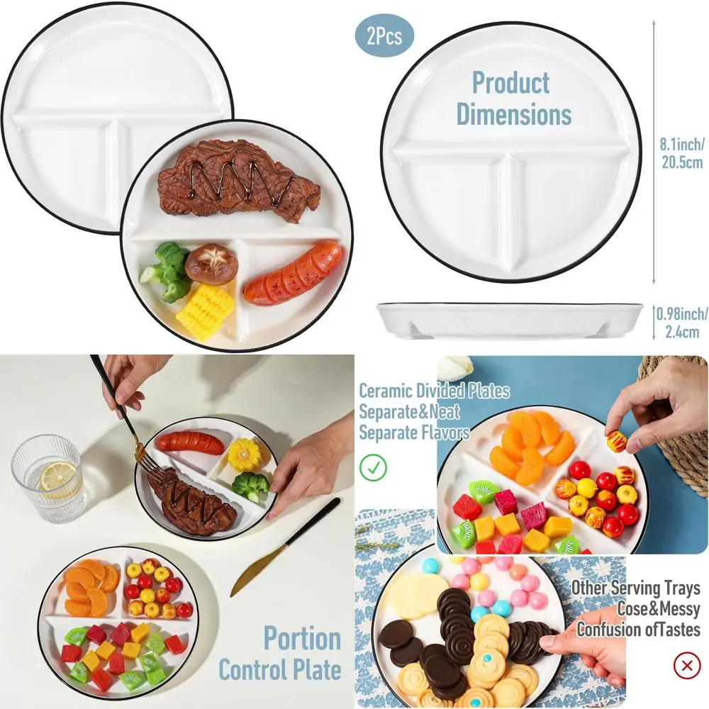 

ceramic divided plates set of 2pcs, 8 inch portion control plate, reusable bariatric plate for adults, 3 compartment plates, whi