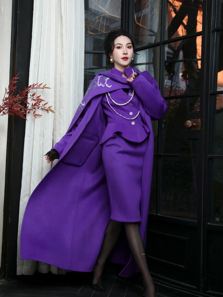 

Двусторонний шерстяной шарф Xuan ng Ji с вышивкой и бисером, шерстяное пальто, топ и юбка — модный комплект для женщин