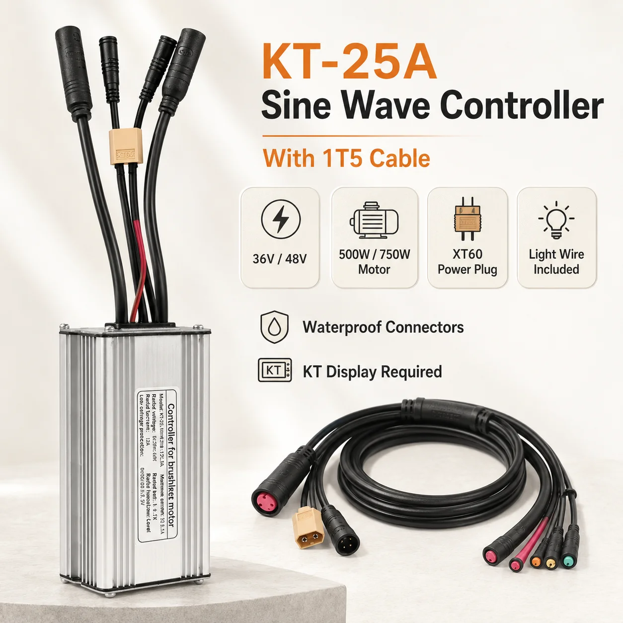 KT-25A Sine Wave Waterproof Controller with 1T5 Cable for E-Bike, 36V/48V 500W 750W Motor, XT60, KT Display Required
