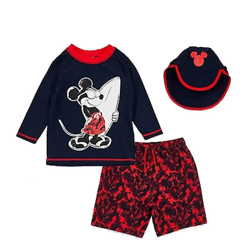 Baby Boys Swimwear Cartoon Mickey Mouse Print 3 Pcs Set Float Bathing Children Surfing Pajama Suit Kid Long Sleeve Beach Wear