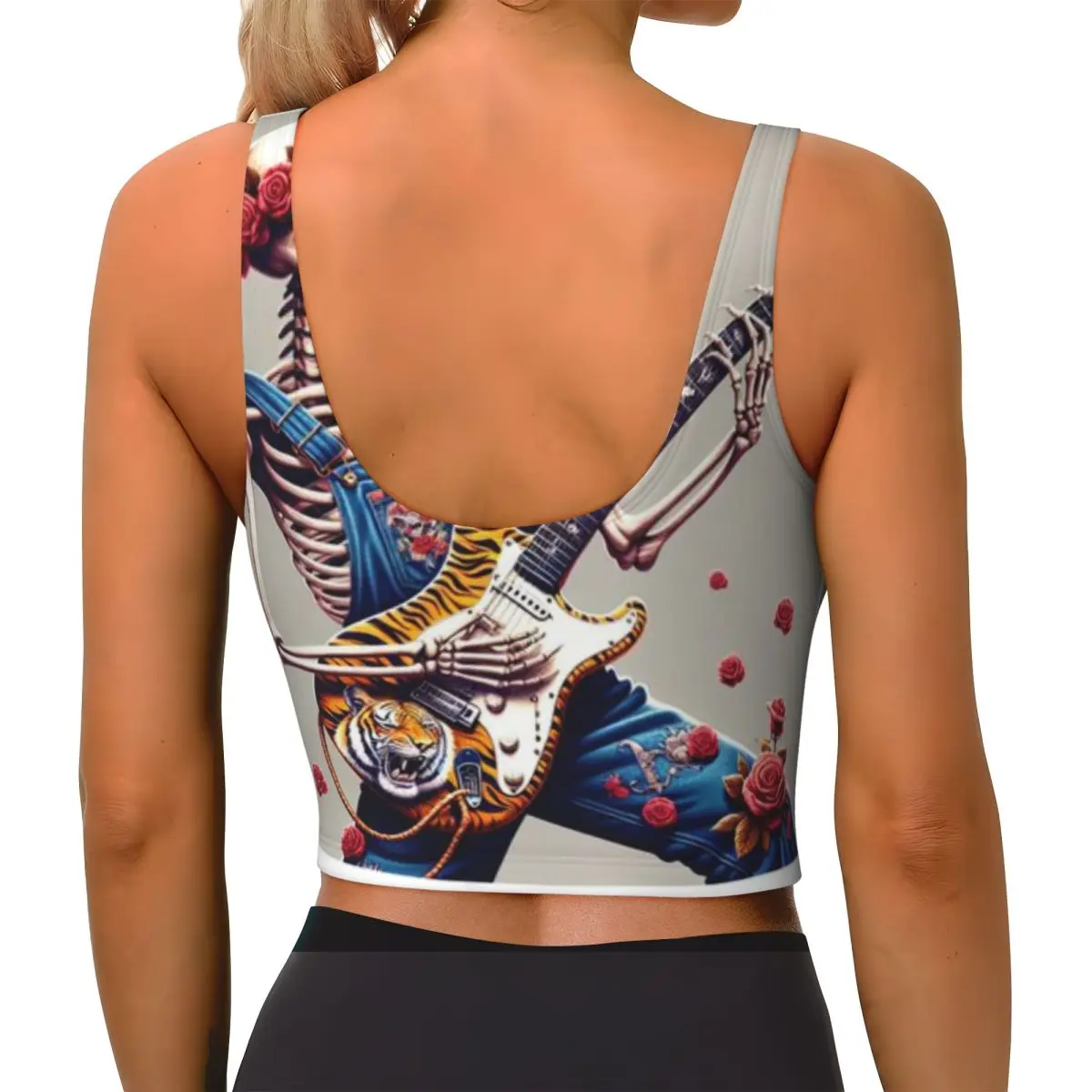 Fitness Vest Women Dead Skeleton On Tiger Roses Electric Grateful Guitar Street Running Off Shoulder Sports Top
