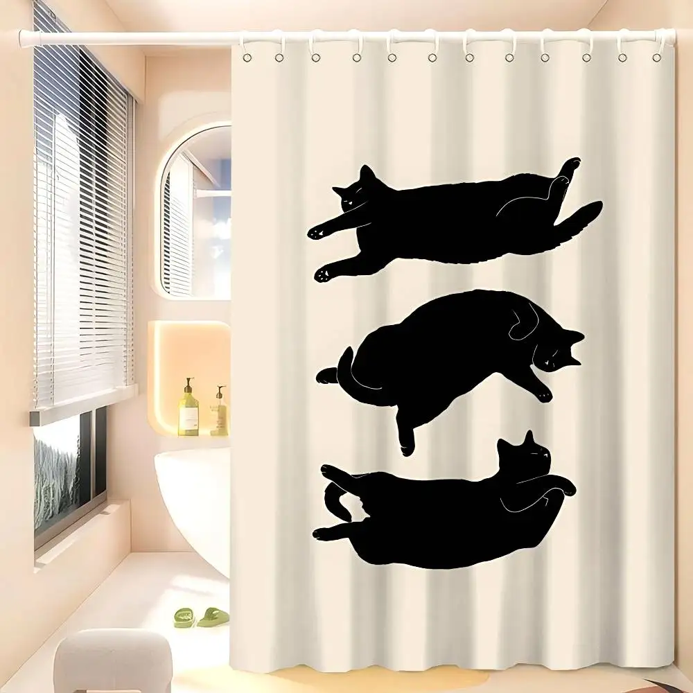

"Black Cat Silhouette Shower Curtain, Minimalist Kitten Pattern on Beige Background, Cute & Simple Bathroom Decor for Cat Lovers