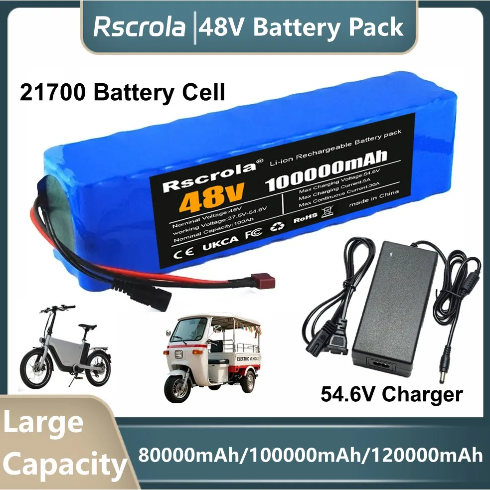 48V 120Ah 21700 Li-ion Battery Pack with Smart BMS for Electric Motorcycle Scooter + 54.6V Charger DC/XT60/XT90/XT30/T Connector