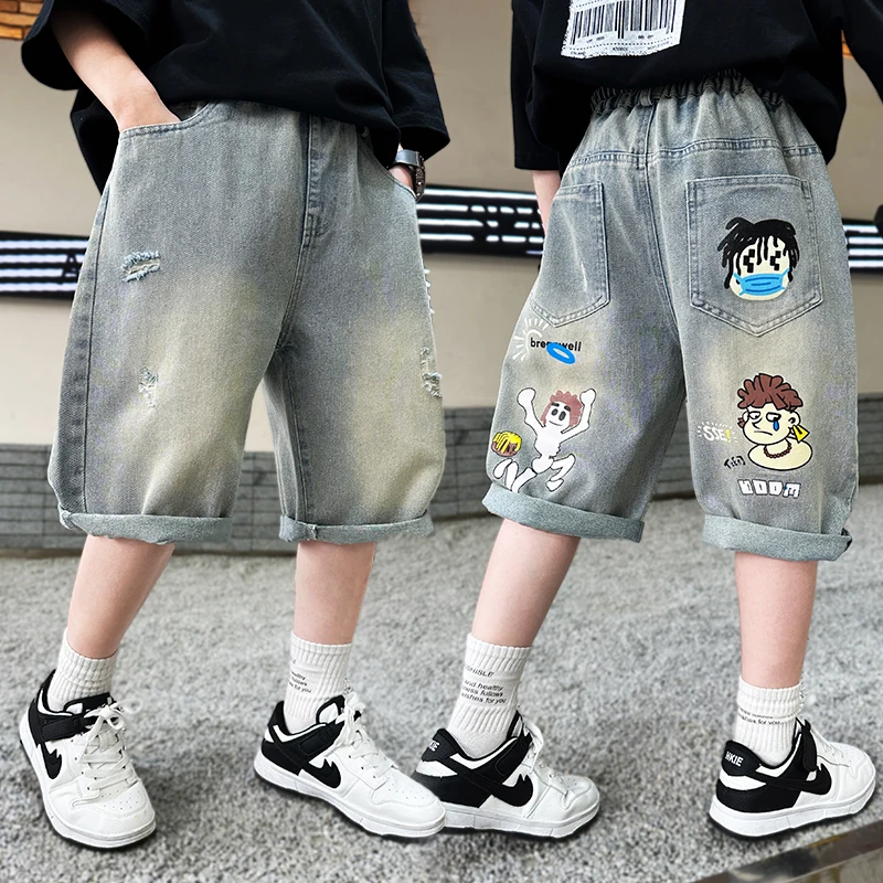 

Kids Child Summer Retro Hip Hop Cartoon Graphic Streetwear Denim Shorts y2k Big Boy Baggy Denim Capris Harajuku Jeans Age 5-14 T