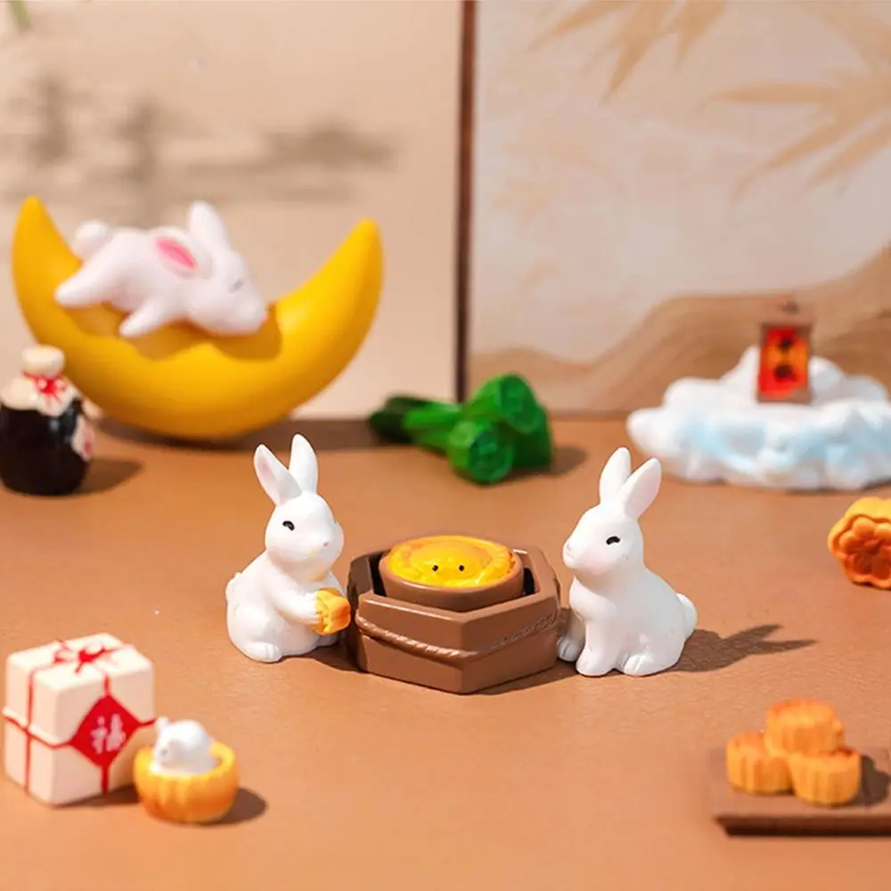 Cute Moon Cake Rabbit Miniatures Realistic Chinese Style Mid-Autumn Rabbit Ornaments Resin Crafts DIY Micro Landscape Decoration