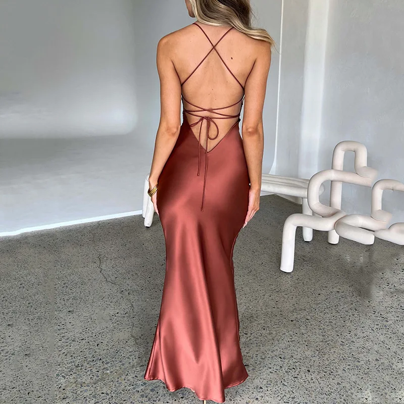 Women's Sexy Sling Satin Dress Autumn New Fashion Backless Lace-up Waist-Controlled Long Dress