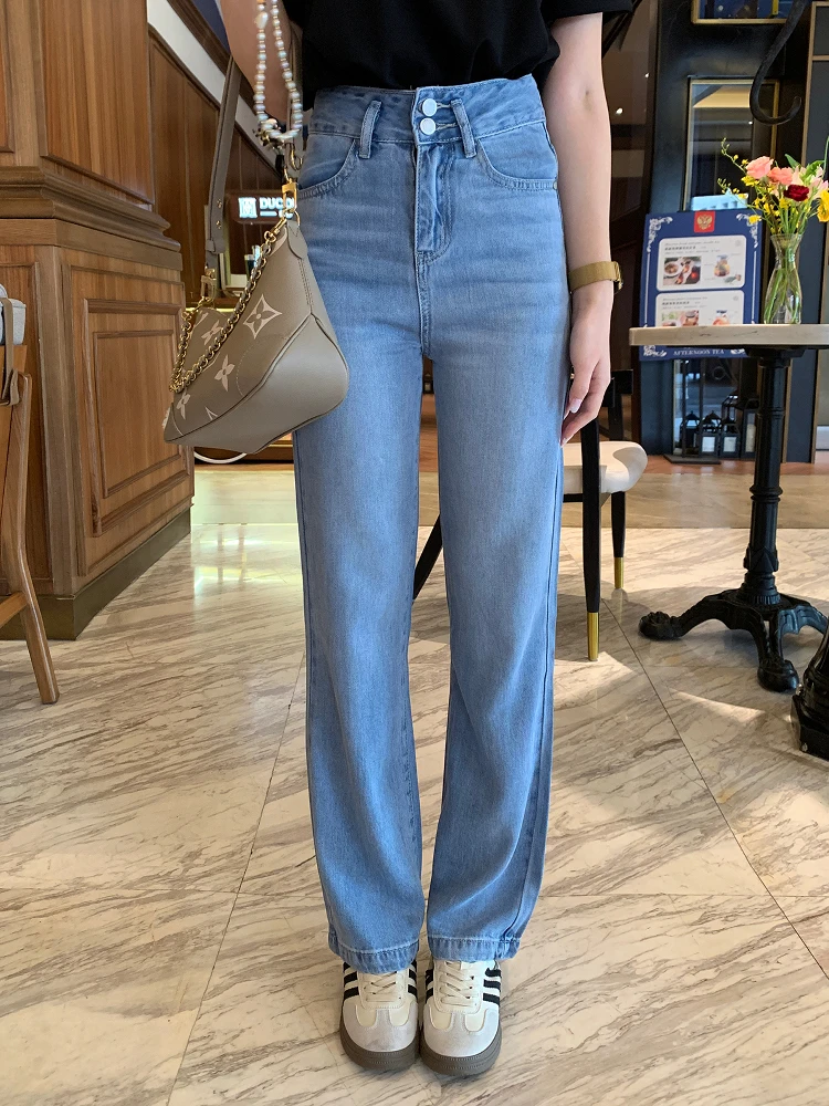 

Джинсы женские с высокой талией, широкими штанинами, свободного кроя, повседневные, для весны и лета, из комфортного драпирующегося материала, длинные брюки