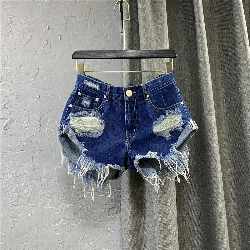 Sexy Low-waisted Denim Shorts 2024 New Summer Hole A Wide-leg Pants Ripped Jeans for Women