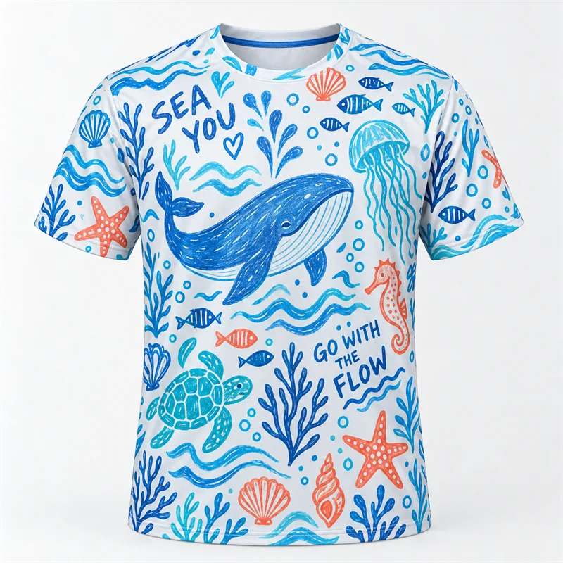 Colorful Doodle Graphic T Shirt Men Women Travel Cat Ocean Space Music Food 3D Print Short Sleeve Casual Summer Streetwear Tee