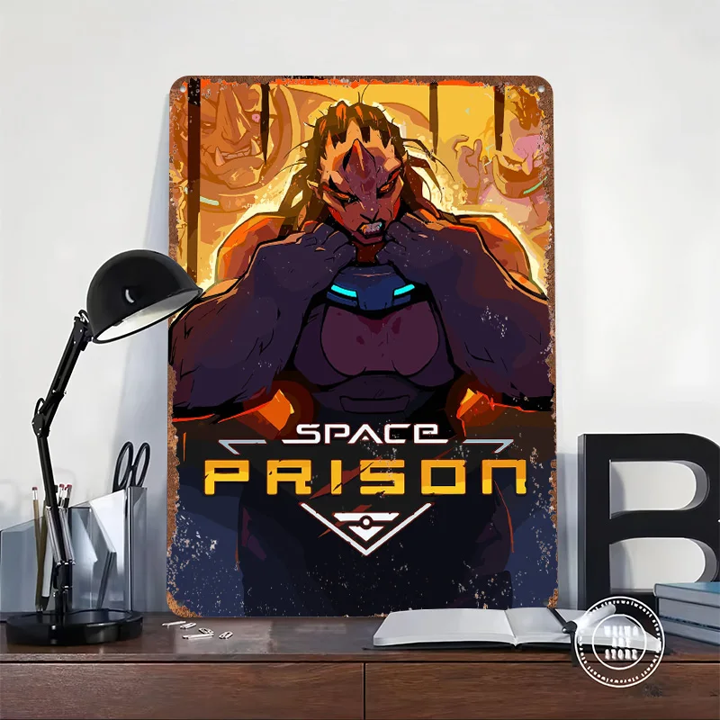 Space Prison: Sci-Fi Character Art Metal Poster Customized Wall Art Retro Vintage Tinplate Signs for Gaming Room Decoration Cozy