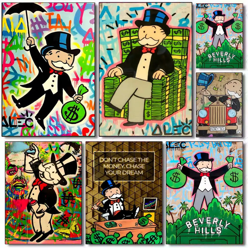 M-Monopoly W-Wealth Cute Cartoon Poster Sticky Wall Art Printing Waterproof Home Living Bed Room Aesthetic Decor