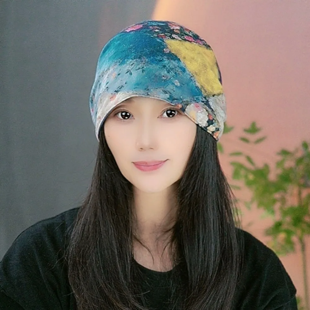 Fashion Oil Painting Style Beanie Cap Double-sided Windproof Slouchy Hat Cold-proof Keep Warm Ear Protection Hat for Women