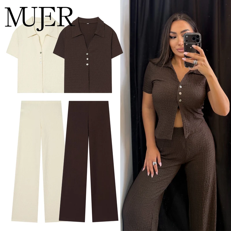 Ensemble pantalon texturé pour femme MUJER – Tenue décontractée 2 pièces avec pantalon droit et haut taille mi-haute pour l'été