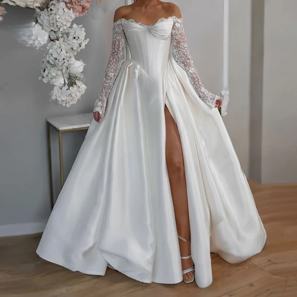 

Luxury Wedding Dresses A Line Woman's Sexy Strapless Sequined Off Shoulder Sleeve Side High Split Long Bride Gowns Customized