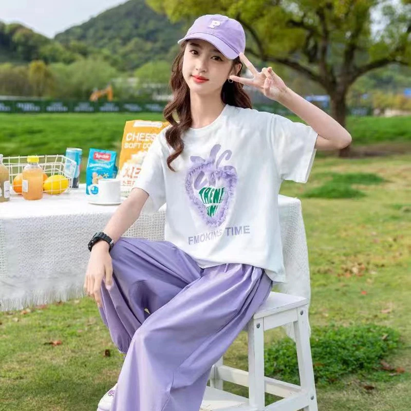 Sommer Teen Mädchen Kleidung Set Erdbeere Brief Drucken Kurzarm T-shirt + Hosen 2Pcs Anzug Für 5-14 jahre Kinder Casual Trainingsanzug