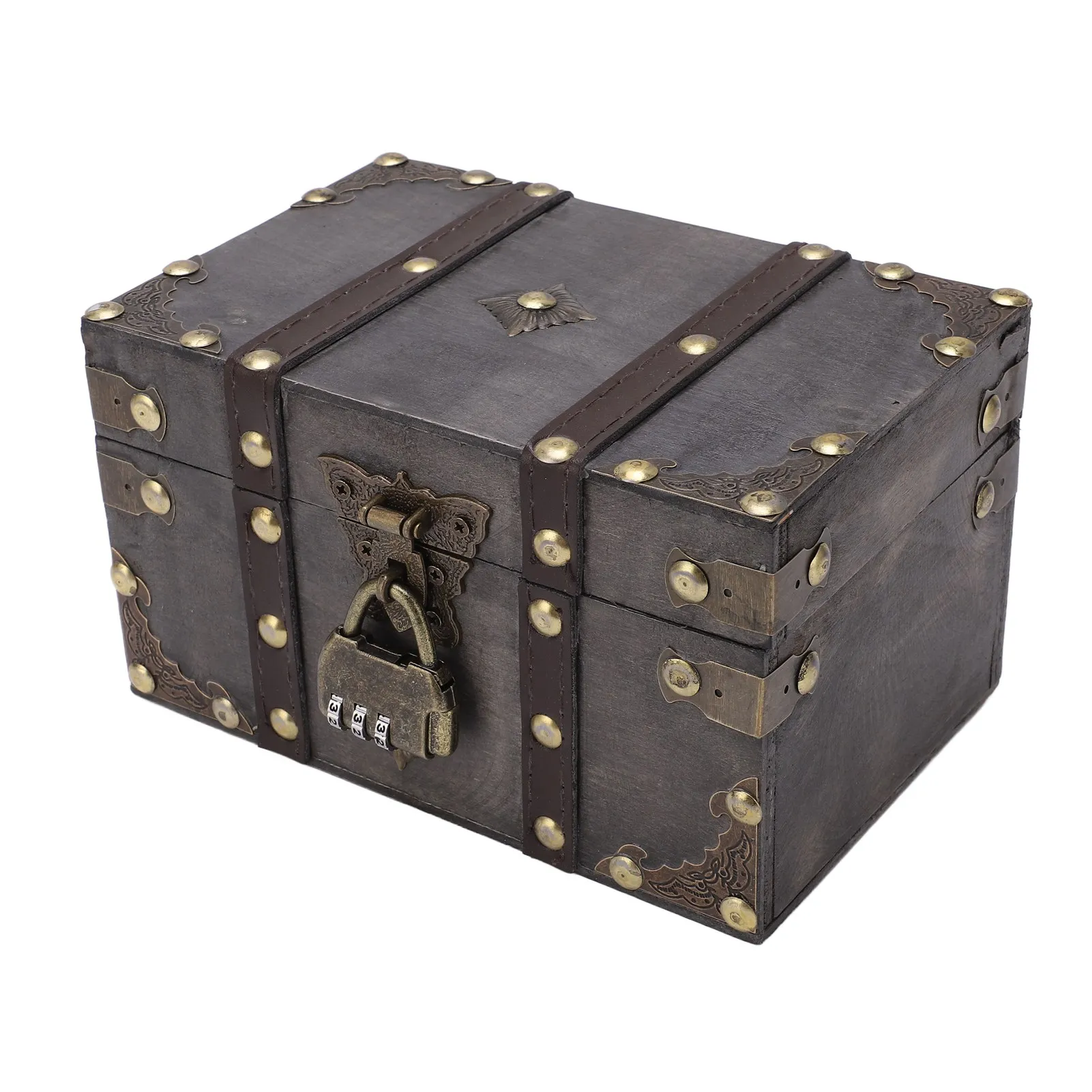 Wooden Treasure Chest Vintage Style Coded Lock Alloy Tipping Durable Wood Wide Application Vintage Jewelry Box