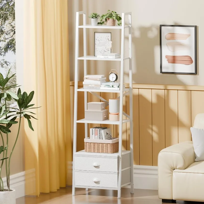 5-Tier Ladder Shelf with 2 Drawers,Narrow Bookshelf Storage Shelves,Industrial Bookcase Freestanding Rack Units for Bedroom