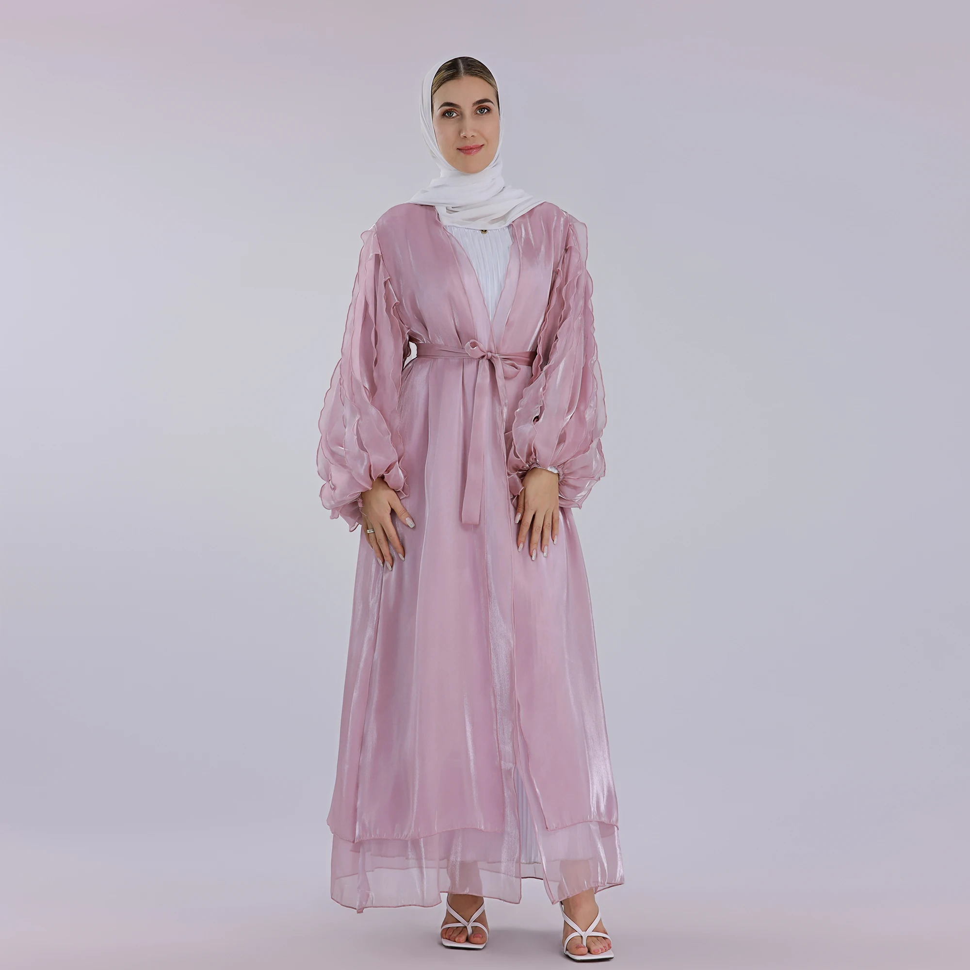 

Evening Party Open Abaya Patal Puff Sleeves Shiny Two Layers Kimono Muslim Women Isalm Ramadan Hijabi (No Scarf, No Inner Dress)