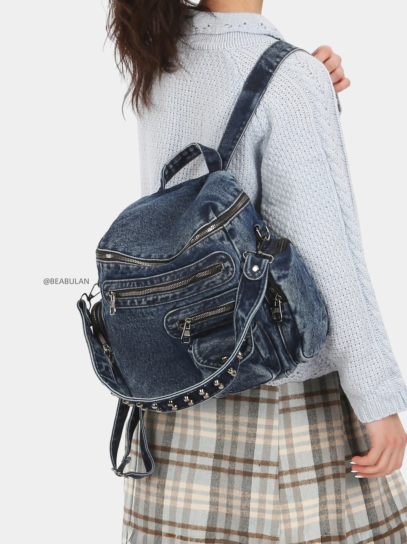 Retro Washed Denim Casual Women's Backpack Punk Multi-Pocket Single Shoulder Double Shoulder Bag Commuter Soft Handle Zipper ...