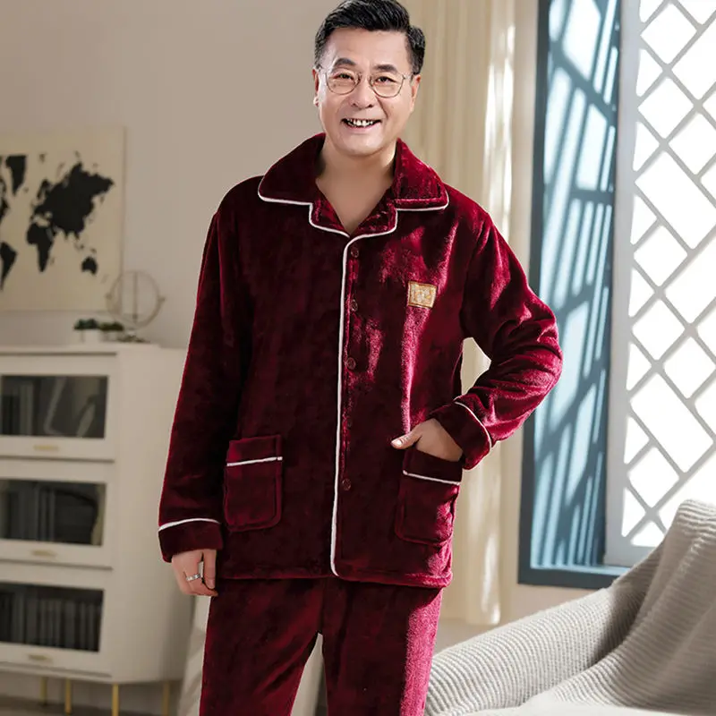 Middle Age Elderly Sleepwear Men\'s Coral Velvet Pajamas Thick Plush Autumn Winter Oversize Father\'s Flannel Home Clothing Set