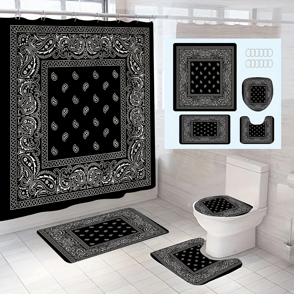 Paisley Printed Shower Curtain Set Bathroom Decor Set Including Waterproof Shower Curtain Non-Slip Rug Toilet Cover Mat