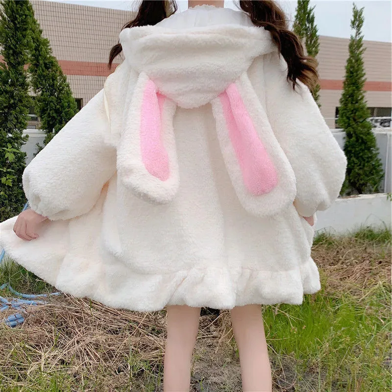 

Kawaii Hoodies Women Lolita Winter Warm Lambswool Oversized Sweatshirt Cute Bunny Ears Long Sleeve Zip Up Hooded Fleece Jacket