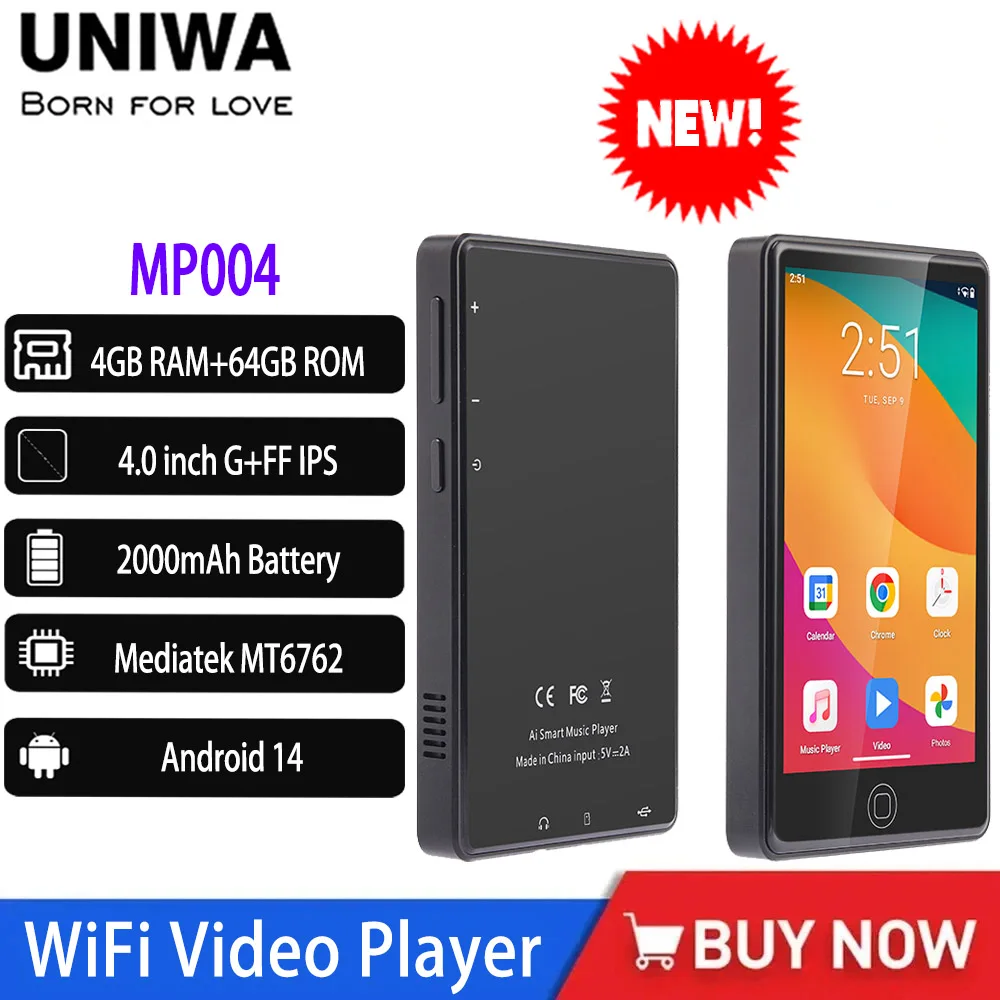 UNIWA MP004 MP4 Player Android 14 with Bluetooth and WiFi 4 ” 4+64GB 2000mAh MP3 MP4 Players Whatsapp YouTube Unable To Use Sim