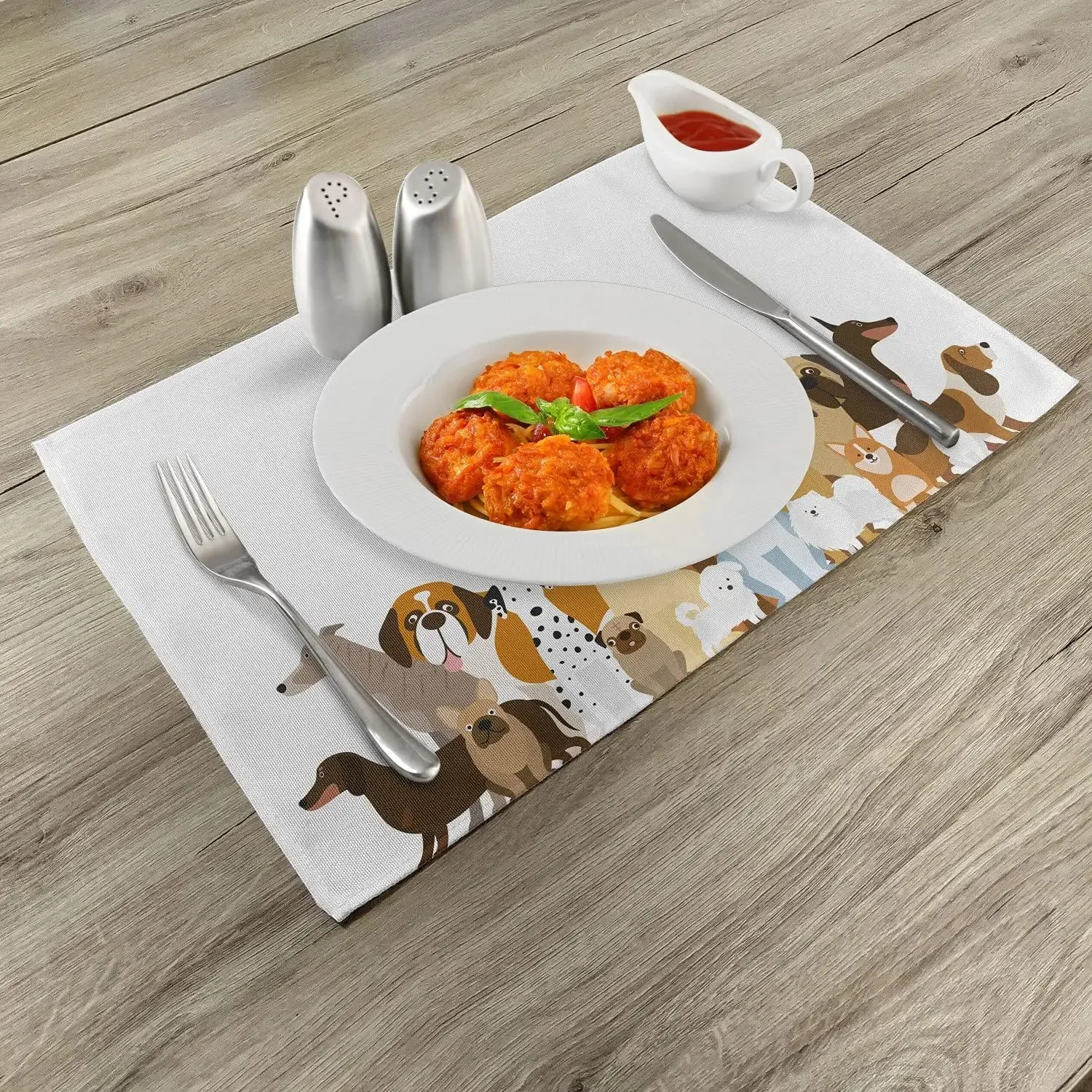 Cute Dog Lover Place Mats Set of 4, Cartoon Illustration of Funny Pet Breeds in Various Sizes and Sides Graphic