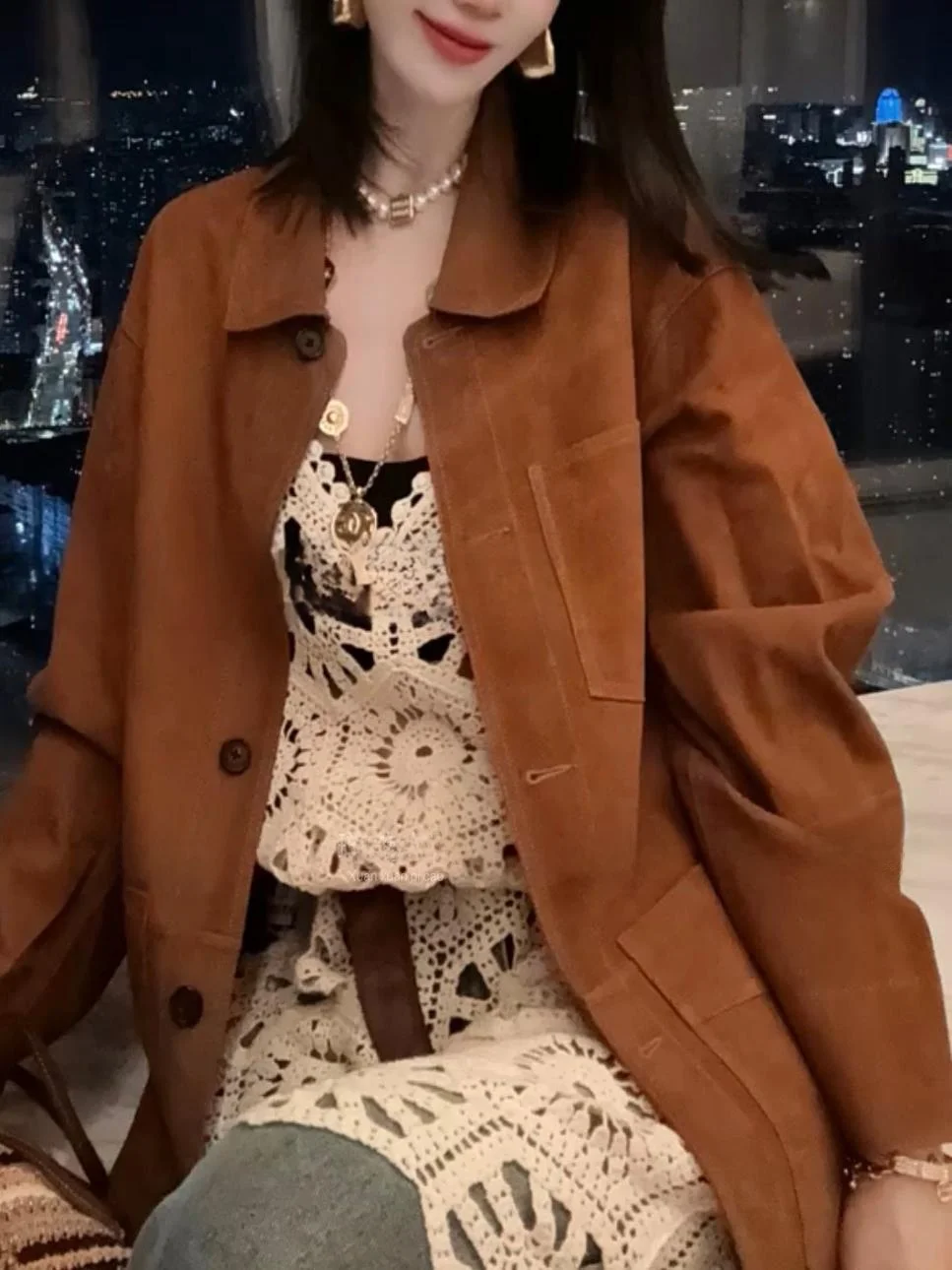 

Daitong Women's Leather Jaet 2025 Spring New Sle Korean Loose Casual Versatile Turn-down Collar Single Button Coat