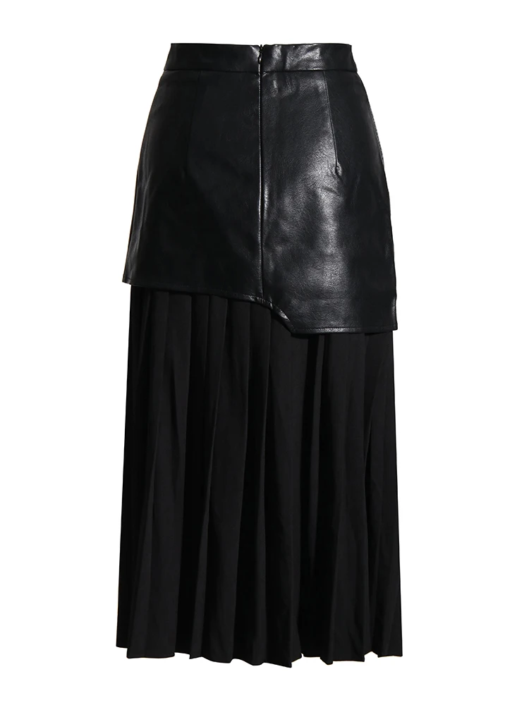 VGH Hit Color Patchwork PU Leather Długie spódnice dla kobiet Wysoka talia Temperament Plisowana spódnica Odzież damska Styl mody Nowy