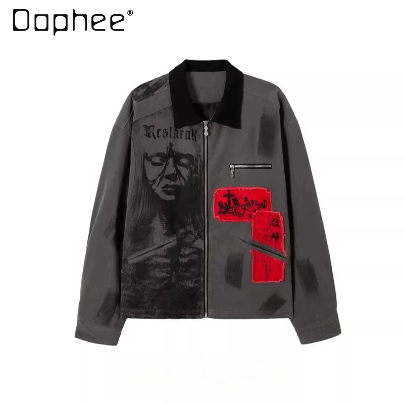 

2026 Spring and Autumn New American Retro Street Style Men's Letter Print Loose Casual Gray Turn-down Collar Jacket