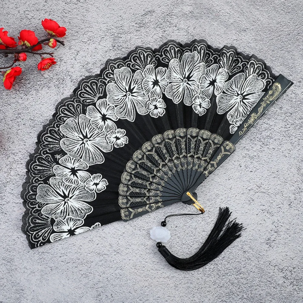 Gifts Chinese Style Hand Held Fan Bamboo Flower Pattern Antique Folding Fan Dance Performance Props