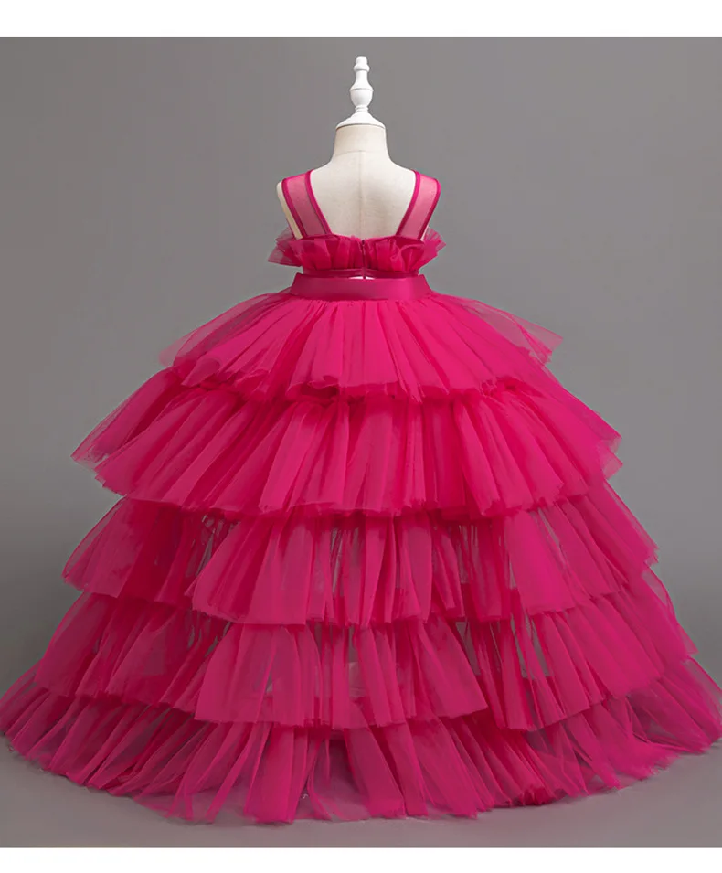 Baby Girl Tulle Trailing PinkKid's Party Formal Evening Dresses Elegant  Toddler 1st Birthday Party Princess  First Communion Go