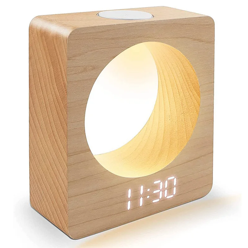 Digital Wooden LED Alarm Clock Made of Solidwood with Night Light 3 Alarm Settings Temperature Detect for Bedroom