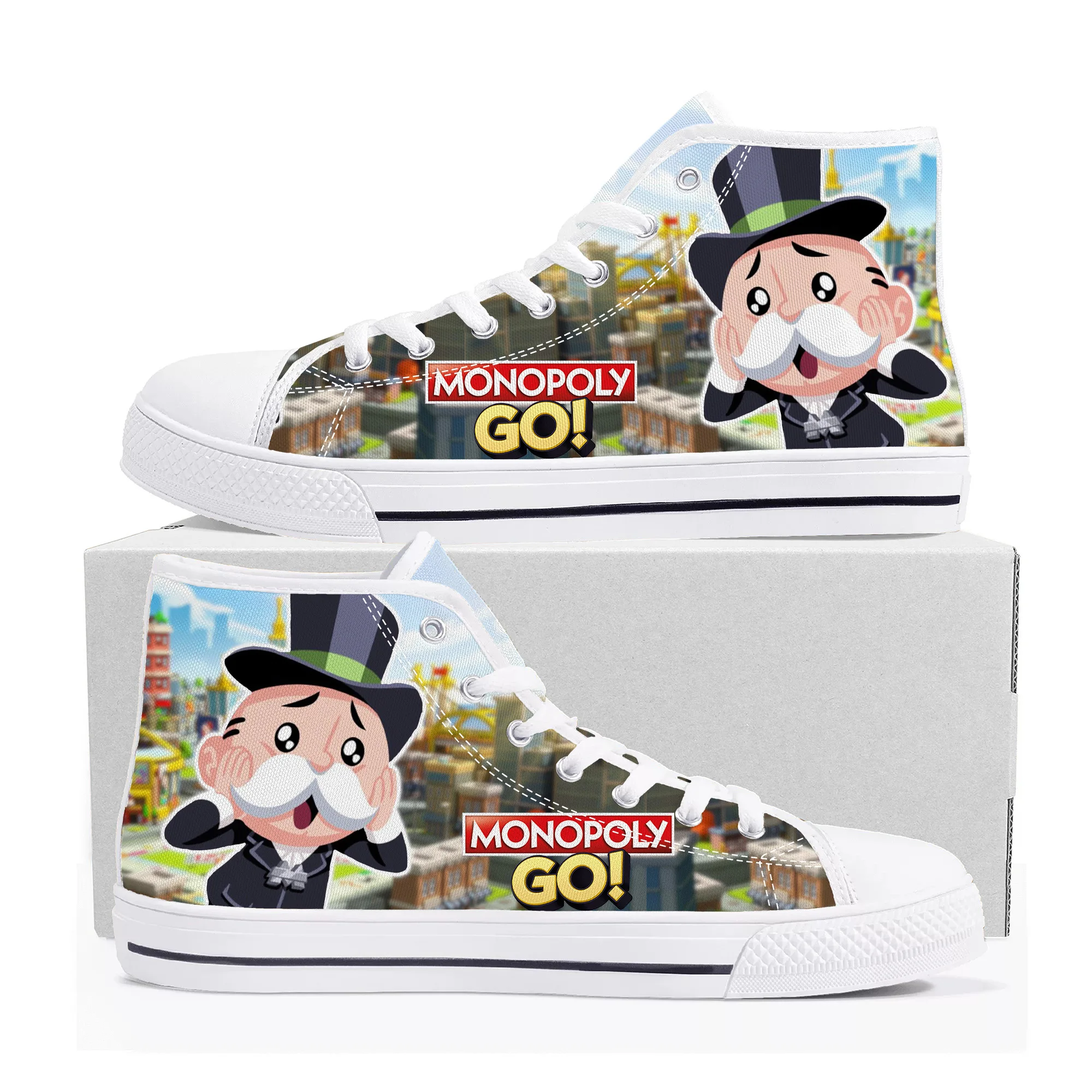 

Высокие кроссовки монопольные Go, популярная мультяшная игра, мужские и женские подростковые высококачественные парусиновые туфли, повседневные модные кроссовки по индивидуальному заказу
