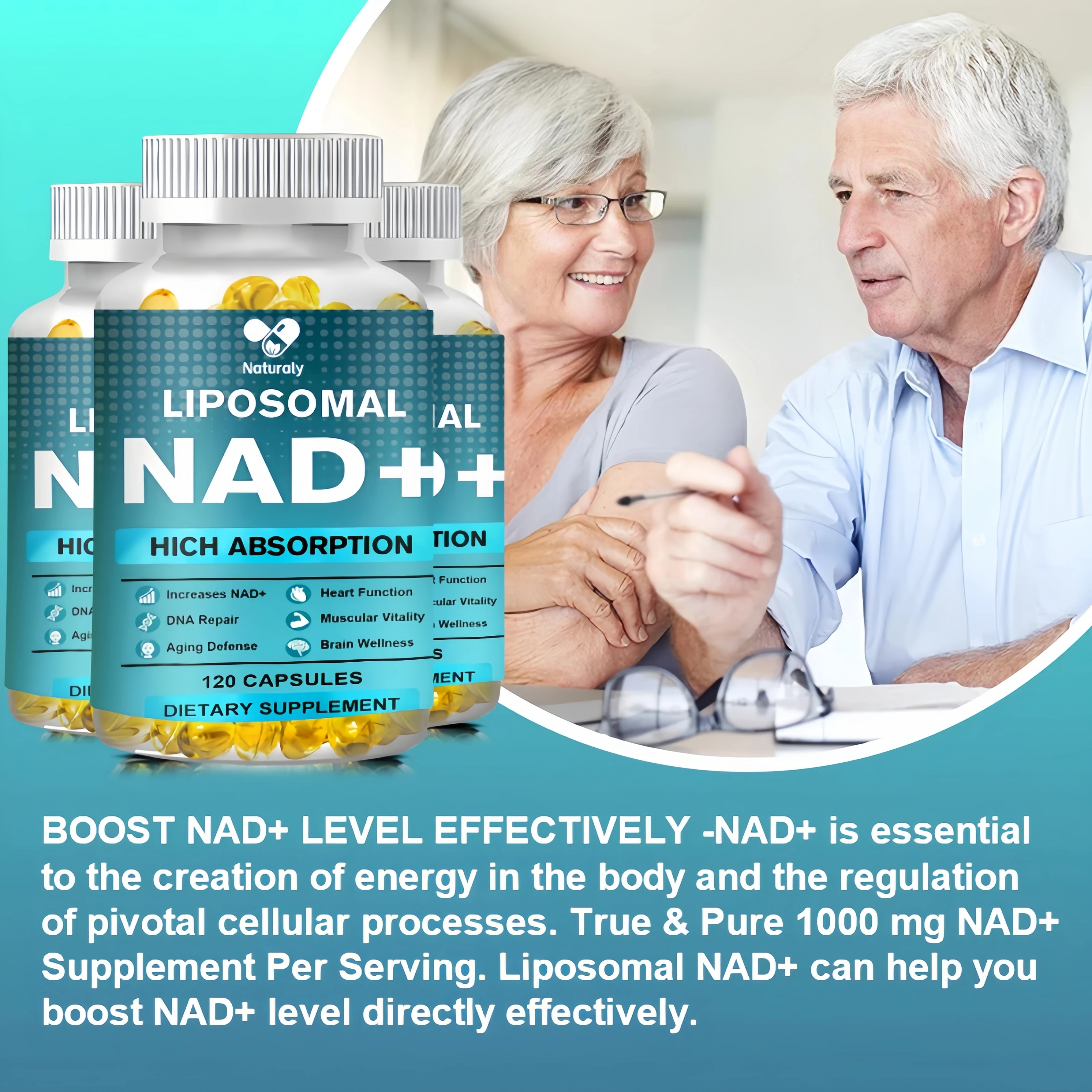 Suplemento NAD, suplemento Liposomal NAD+ - Defesa ao envelhecimento, Energia celular, Função coração e cérebro, Longevidade, 120 cápsulas