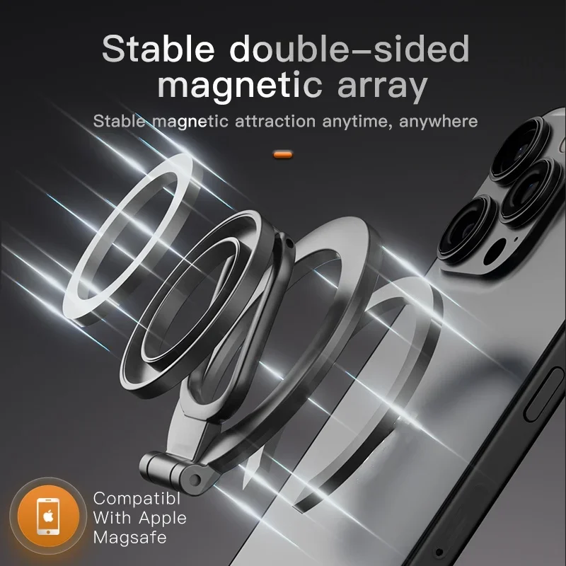 Double-Side Magnetic Phone Ring Holder for MagSafe Folding Kickstand Black Metal Magnet Stand for iPhone 16 15 14 Xiaomi Samsung image 3