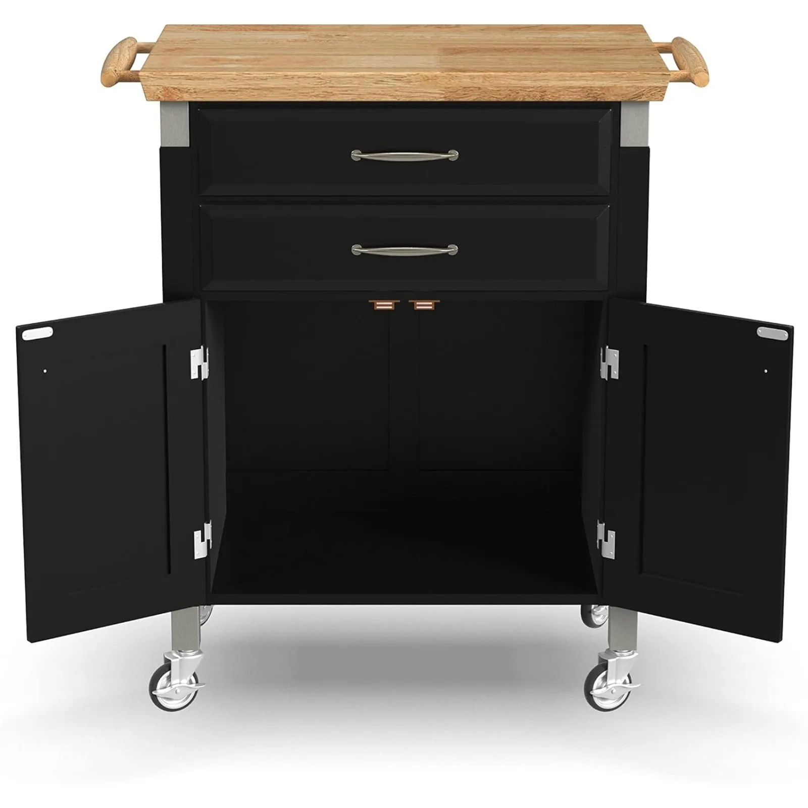 US Black Dolly Madison Prep and Serve Kitchen Cart with Natural Top, Locking Casters, Two Drawers, Two Storage Cabinets