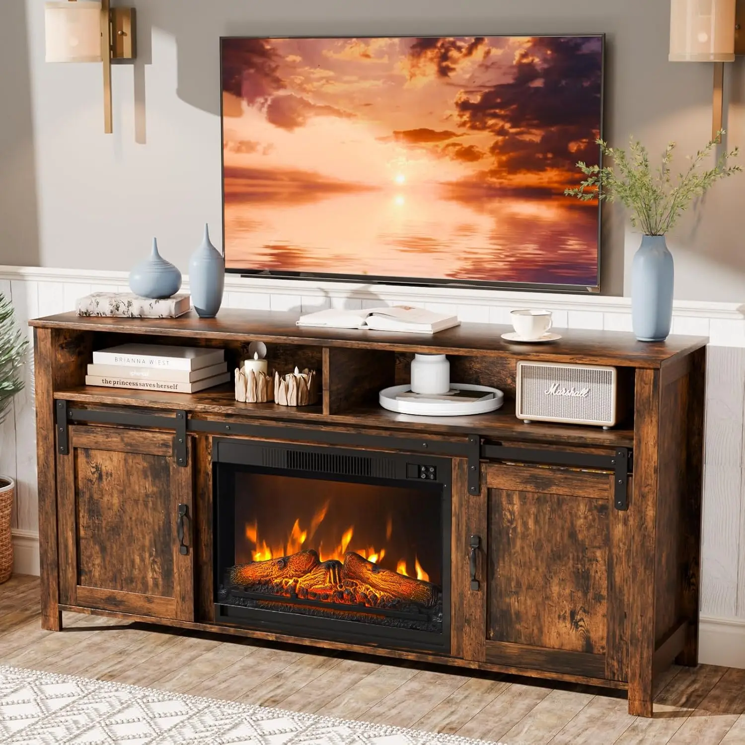 Fireplace TV Stand with Sliding Barn Door for 70 Inch TV, Farmhouse Entertainment Center with 23