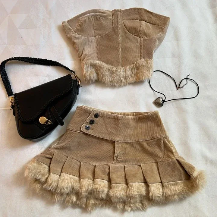 Y2K Two Piece Sets Women Sexy Cute Strapless  Bodycon Tops High Waist Pleated Mini Skirt Harajuku Goth Brown Raw Edge Skirt Suit