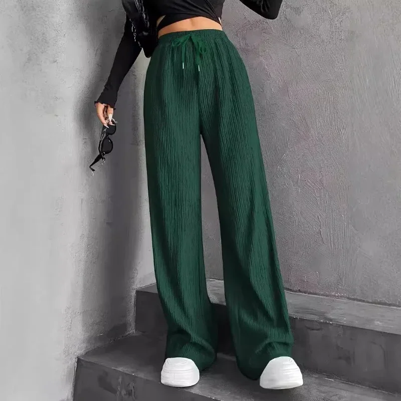 

Women's Solid Color Pants with Elastic Waistband Fashionable and Comfortable Wide Leg Pants Drawstring Style High Waist