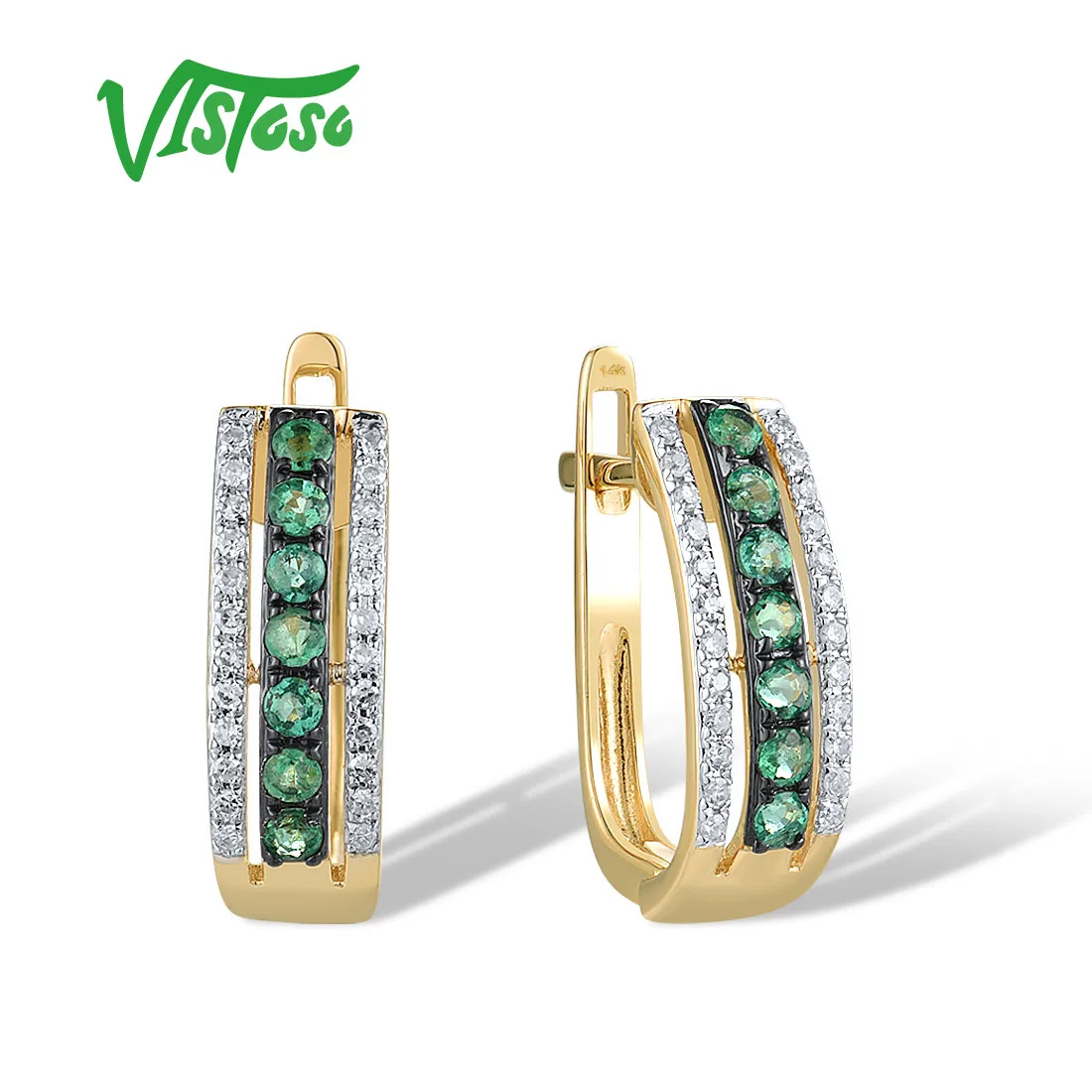 VISTOSO Real 14K 585 Yellow Gold Earrings For Women Diamond Ruby Emerald Multi Colorful Stone Rainbow Fine Jewelry
